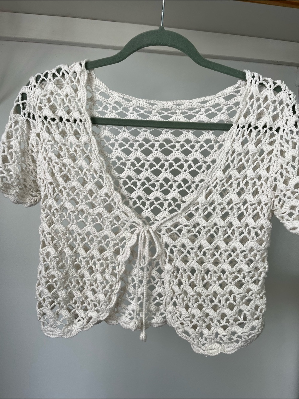 Y2K Whimsical Handmade Crochet Tie-Front Short Sleeve Cardigan - Picture 6 of 13